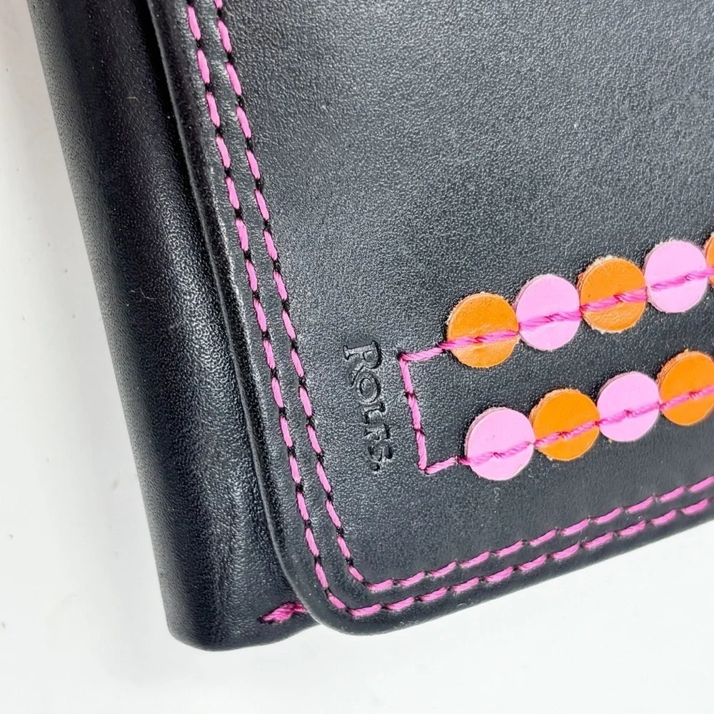 ROLFS Women’s Black Tri-Fold Wallet Pink Orange Accents Credit Cards ID Coins
